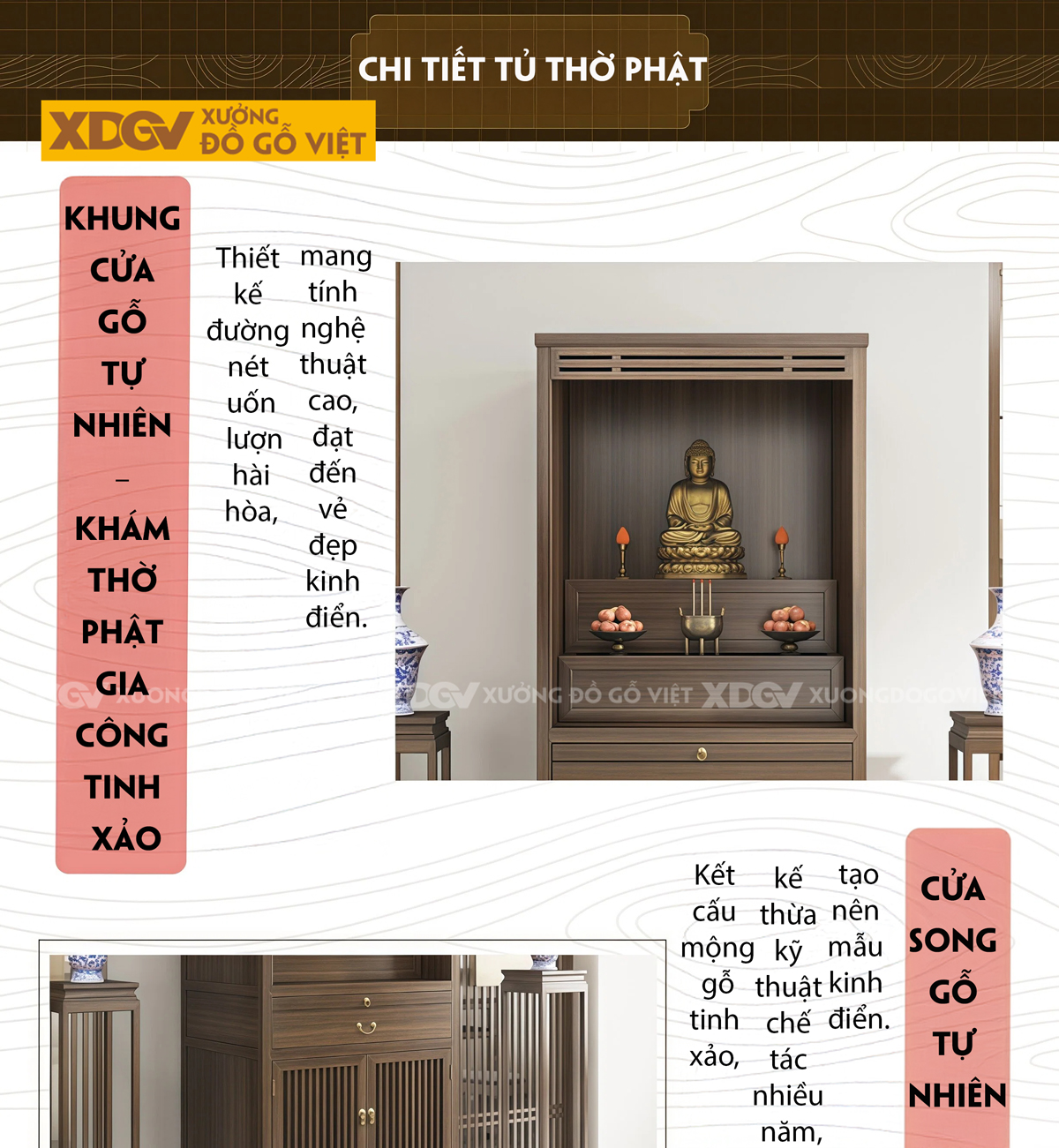 Mẫu Bàn Thờ Tôn Nghiêm Gỗ Óc Chó Phân 2 Tầng Phối Ngăn Kéo