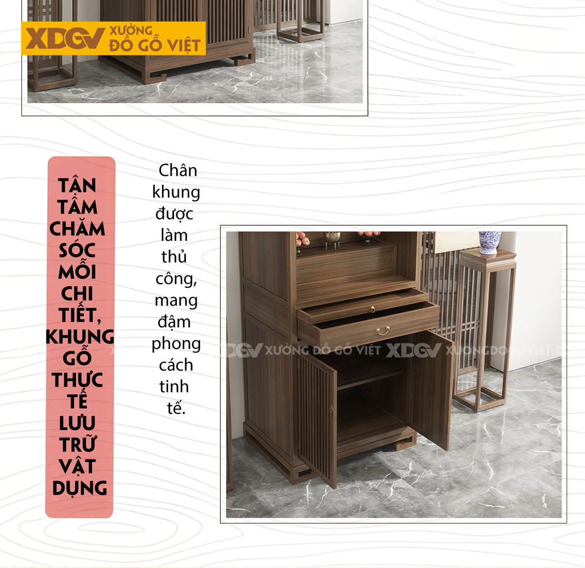 Mẫu Bàn Thờ Tôn Nghiêm Gỗ Óc Chó Phân 2 Tầng Phối Ngăn Kéo