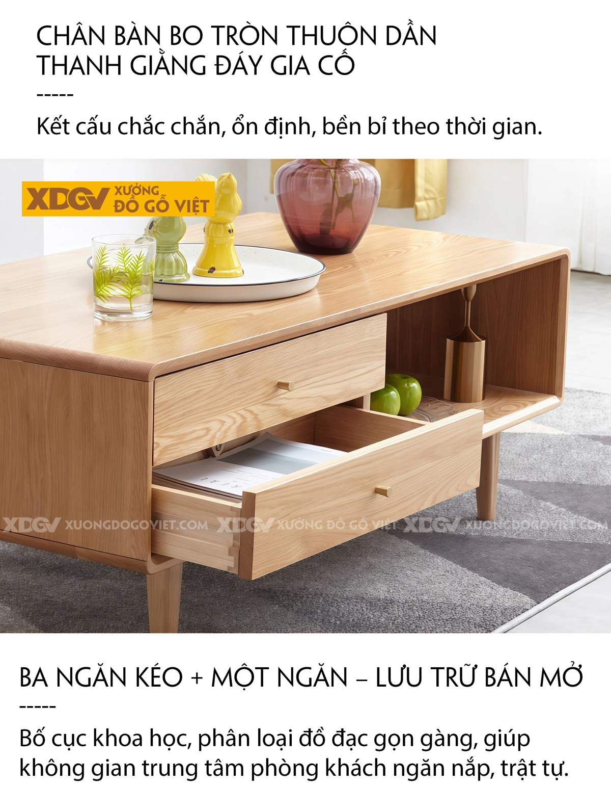 Mẫu Bàn Trà Sofa Chân Dày Vững Chãi 2 Tầng Phối Ngăn Kéo