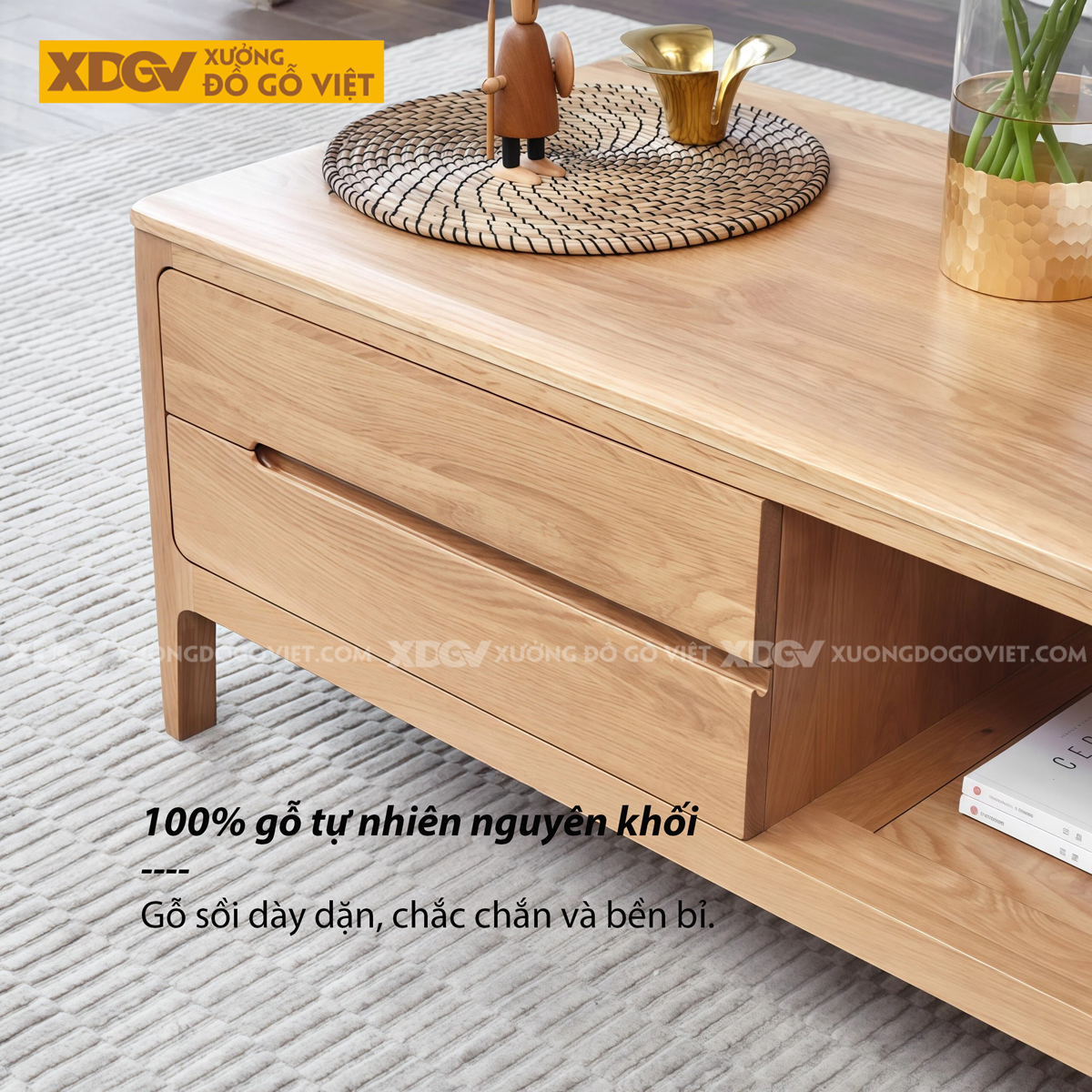 Mẫu Bàn Trà Sofa Gỗ Sồi Thiết Kế Kệ Mở Và Ngăn Kéo Phối Hợp