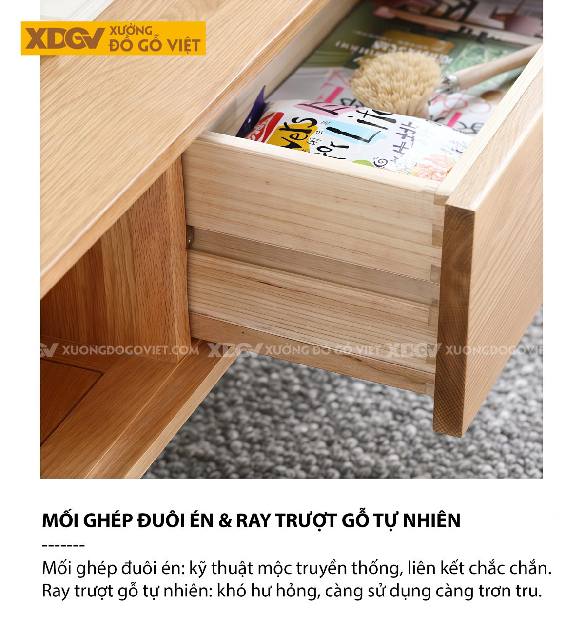 Mẫu Bàn Trà Sofa Gỗ Sồi Thiết Kế Kệ Mở Và Ngăn Kéo Phối Hợp