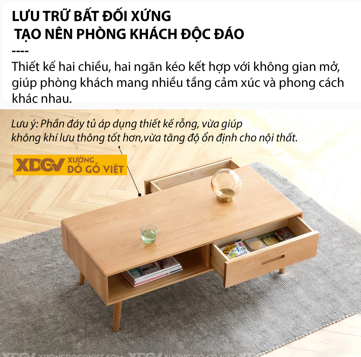 Mẫu Bàn Trà Sofa Gỗ Sồi Thiết Kế Kệ Mở Và Ngăn Kéo Phối Hợp