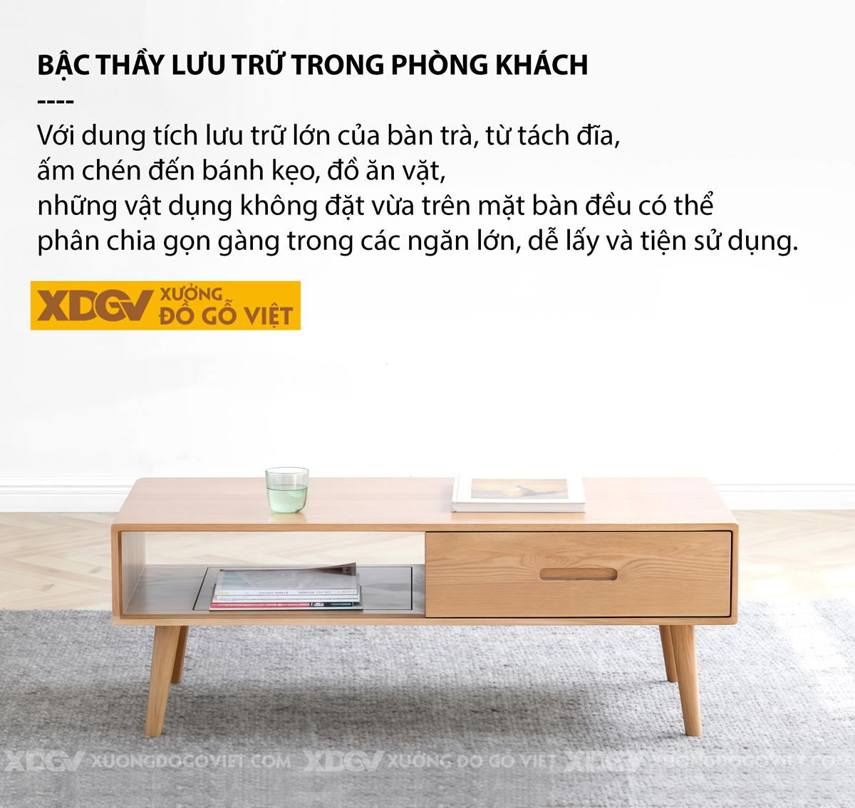 Mẫu Bàn Trà Sofa Gỗ Sồi Thiết Kế Kệ Mở Và Ngăn Kéo Phối Hợp