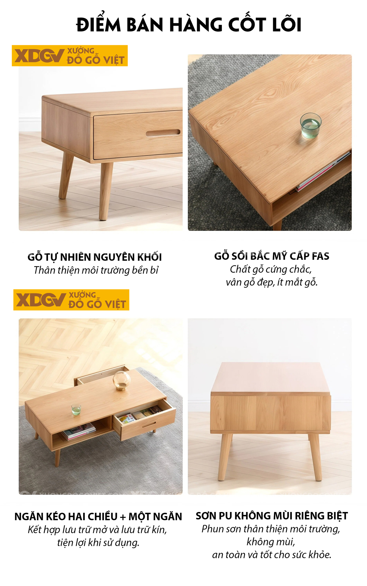 Mẫu Bàn Trà Sofa Gỗ Sồi Thiết Kế Kệ Mở Và Ngăn Kéo Phối Hợp