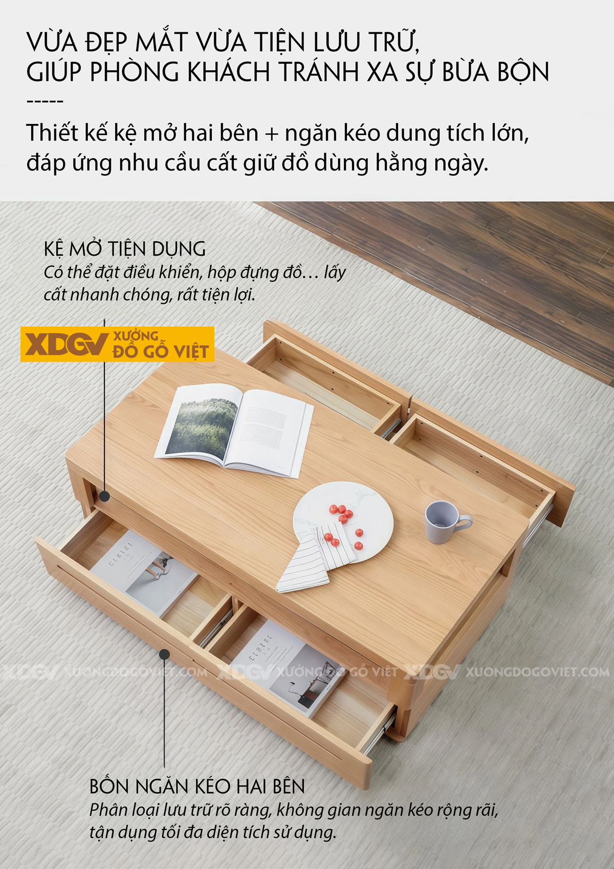 Mẫu Bàn Trà Sofa Phòng Khách Gỗ Sồi 2 Tầng Thiết Kế Đối Xứng