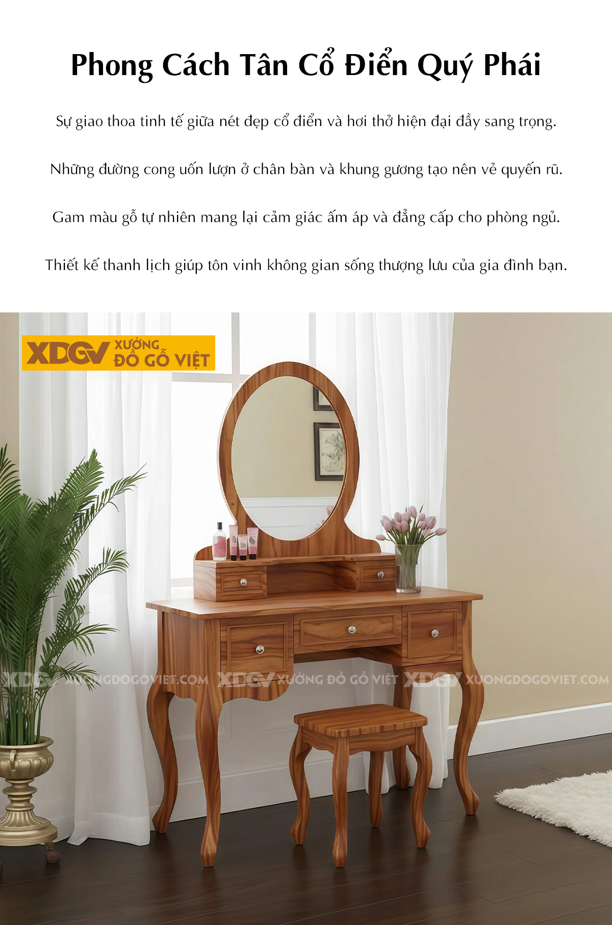 Mẫu Bàn Trang Điểm Để Phòng Ngủ Gỗ Gõ Đỏ Chân Uốn Nghệ Thuật