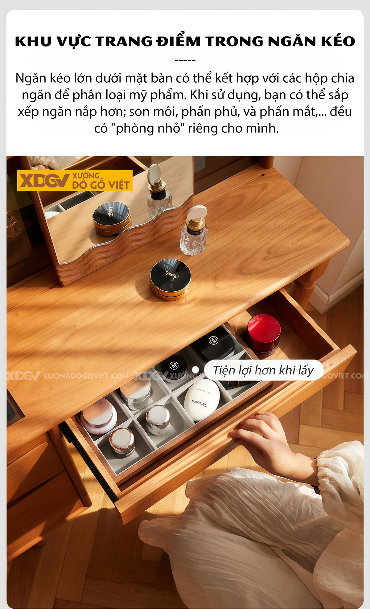 Mẫu Bàn Trang Điểm Phòng Khách Gỗ Sồi Chân Cao Mặt Phối Kính