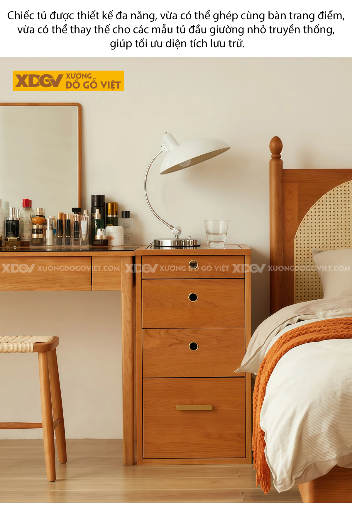 Mẫu Bàn Trang Điểm Phòng Khách Gỗ Sồi Chân Cao Mặt Phối Kính