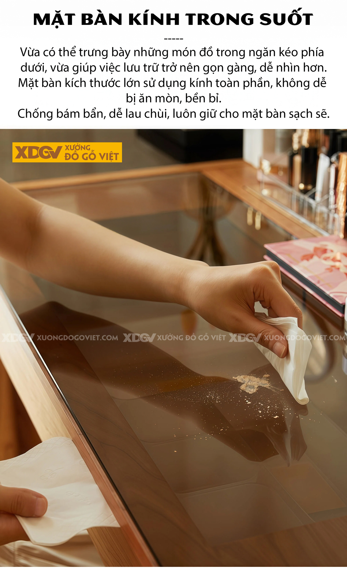 Mẫu Bàn Trang Điểm Phòng Khách Gỗ Sồi Chân Cao Mặt Phối Kính