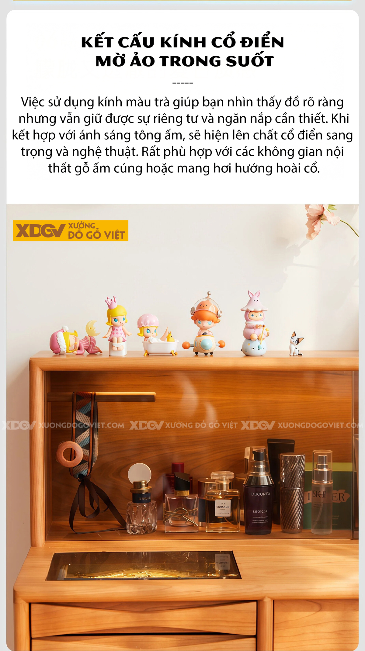 Mẫu Bàn Trang Điểm Phòng Khách Gỗ Sồi Chân Cao Mặt Phối Kính