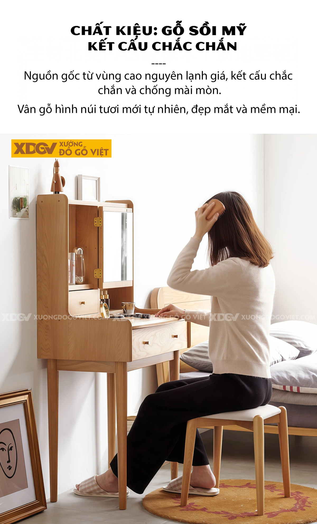 Mẫu Bàn Trang Điểm Phòng Khách Gỗ Sồi Chân Côn Cánh Kính Lùa