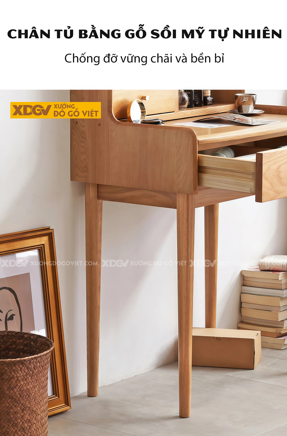 Mẫu Bàn Trang Điểm Phòng Khách Gỗ Sồi Chân Côn Cánh Kính Lùa