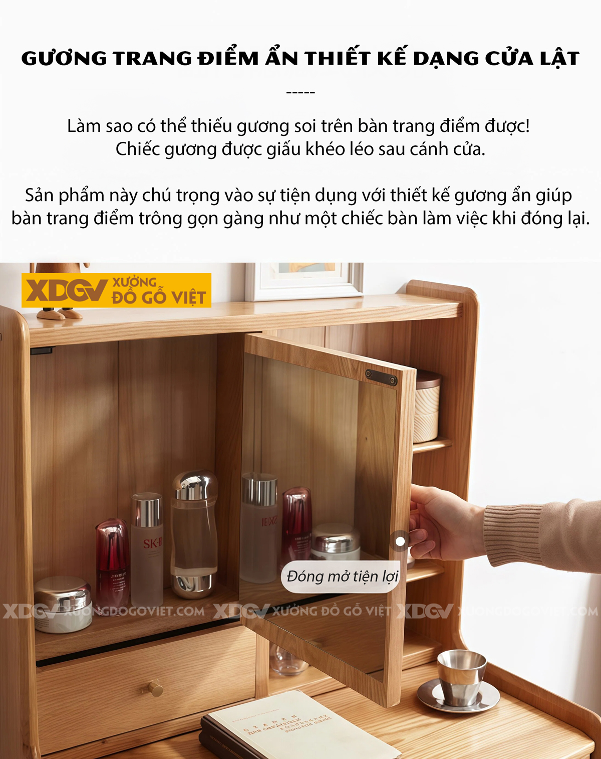 Mẫu Bàn Trang Điểm Phòng Khách Gỗ Sồi Chân Côn Cánh Kính Lùa