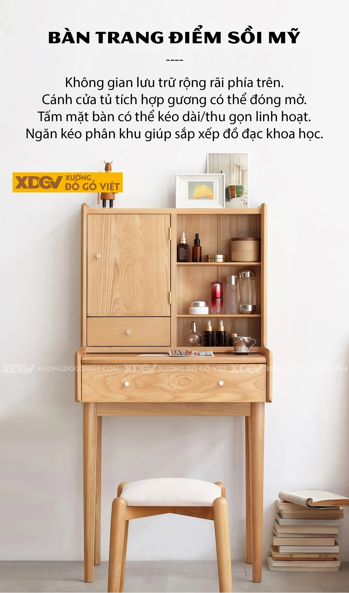 Mẫu Bàn Trang Điểm Phòng Khách Gỗ Sồi Chân Côn Cánh Kính Lùa