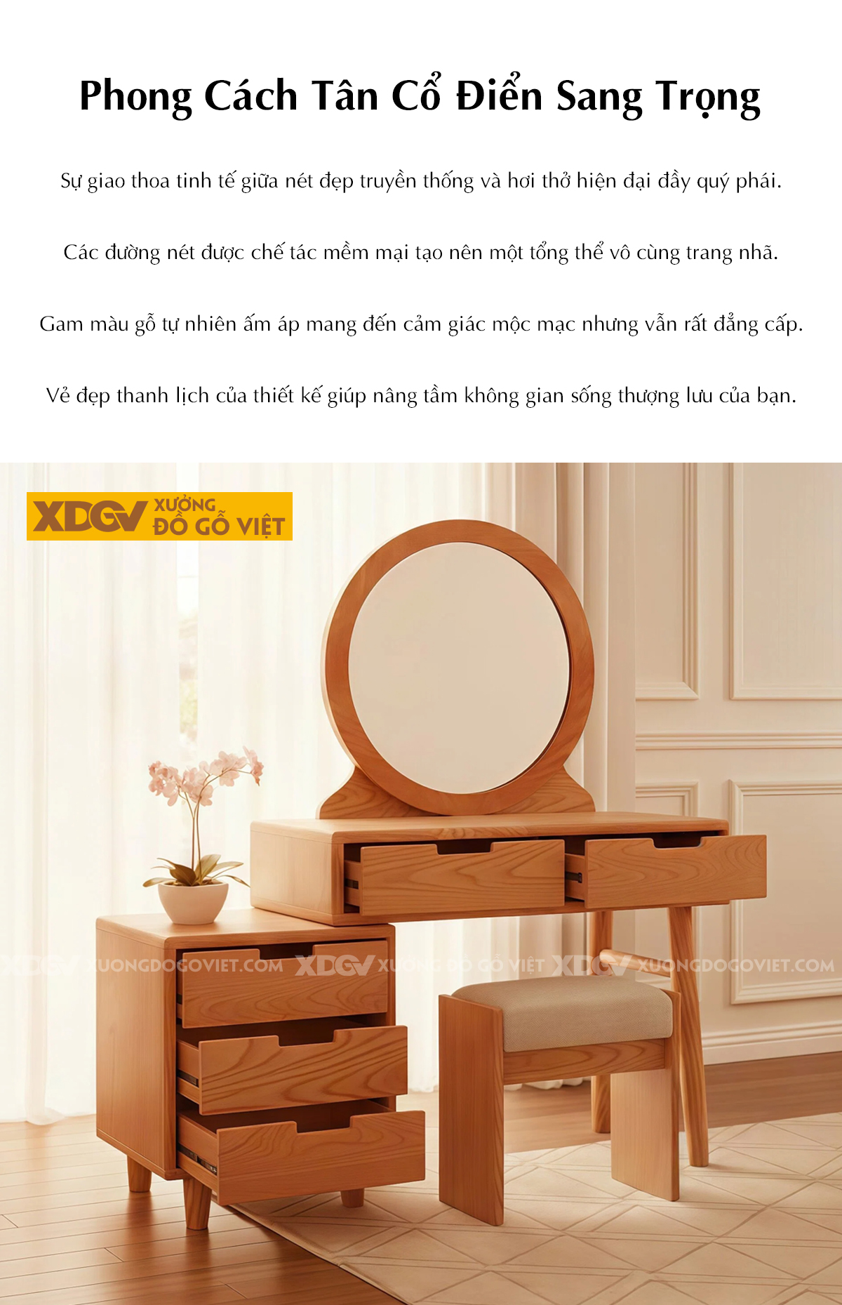 Mẫu Bàn Trang Điểm Phòng Ngủ Gỗ Gõ Đỏ Chân Tiện Phối Gương