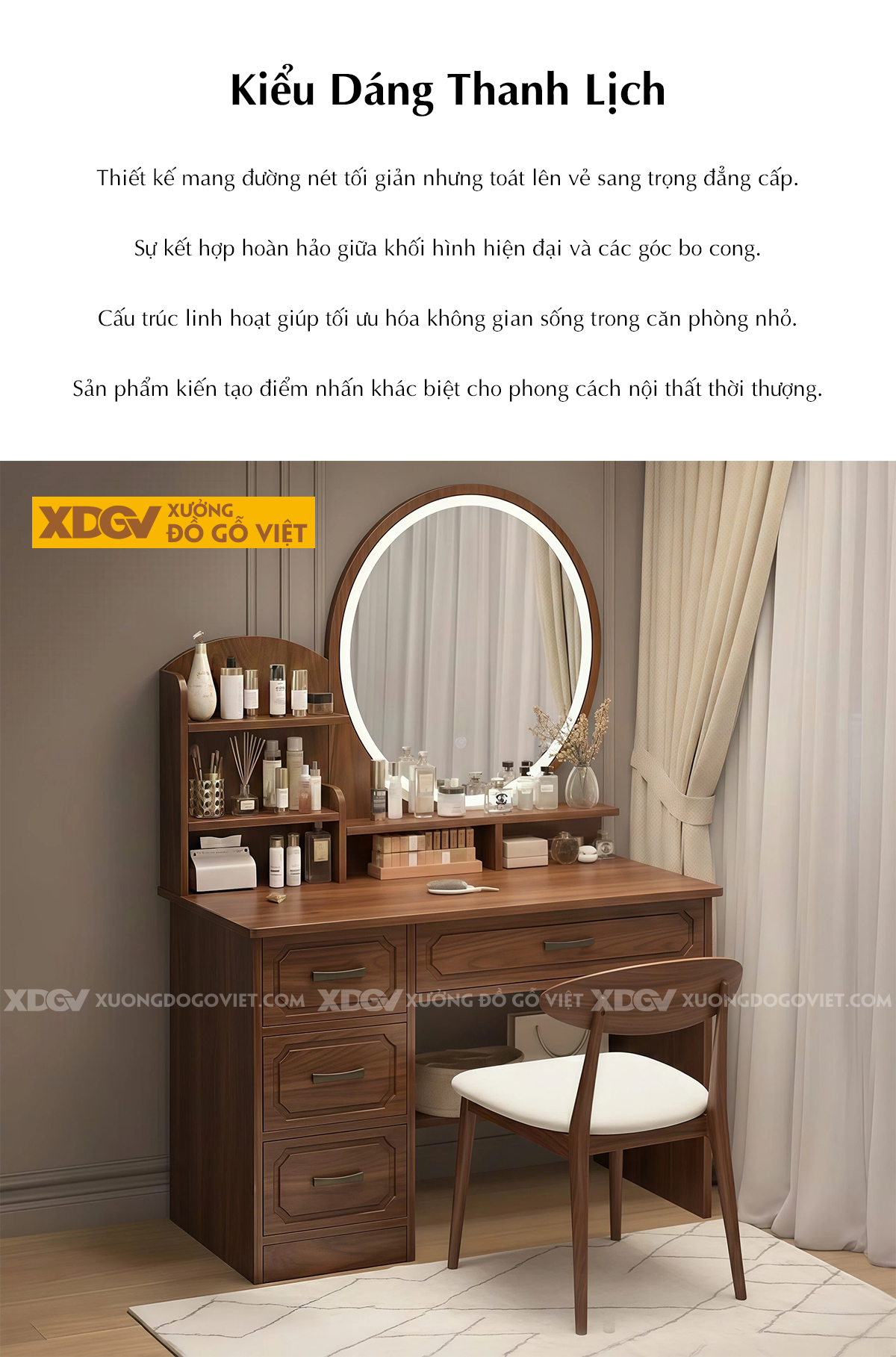 Mẫu Bàn Trang Điểm Phòng Ngủ Gỗ Óc Chó Phối Gương Hiện Đại