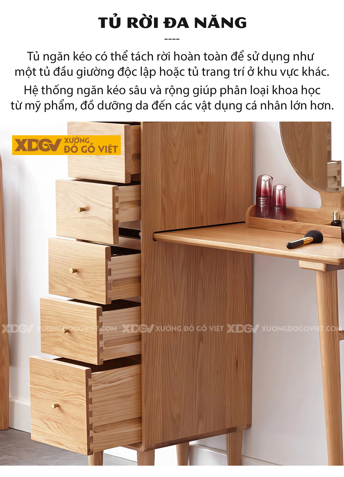 Mẫu Bàn Trang Điểm Phòng Ngủ Gỗ Sồi Chân Côn Góc Bo Mềm Mại