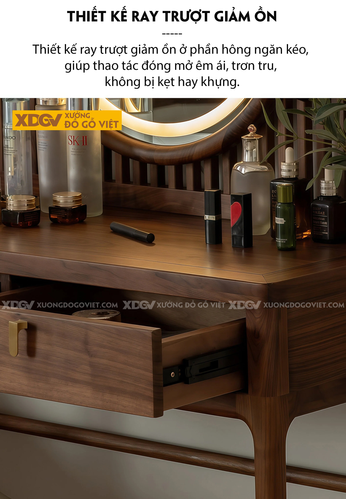 Mẫu Bàn Trang Điểm Phòng Ngủ Gỗ Veneer Sồi Phối Tủ Kính Sọc