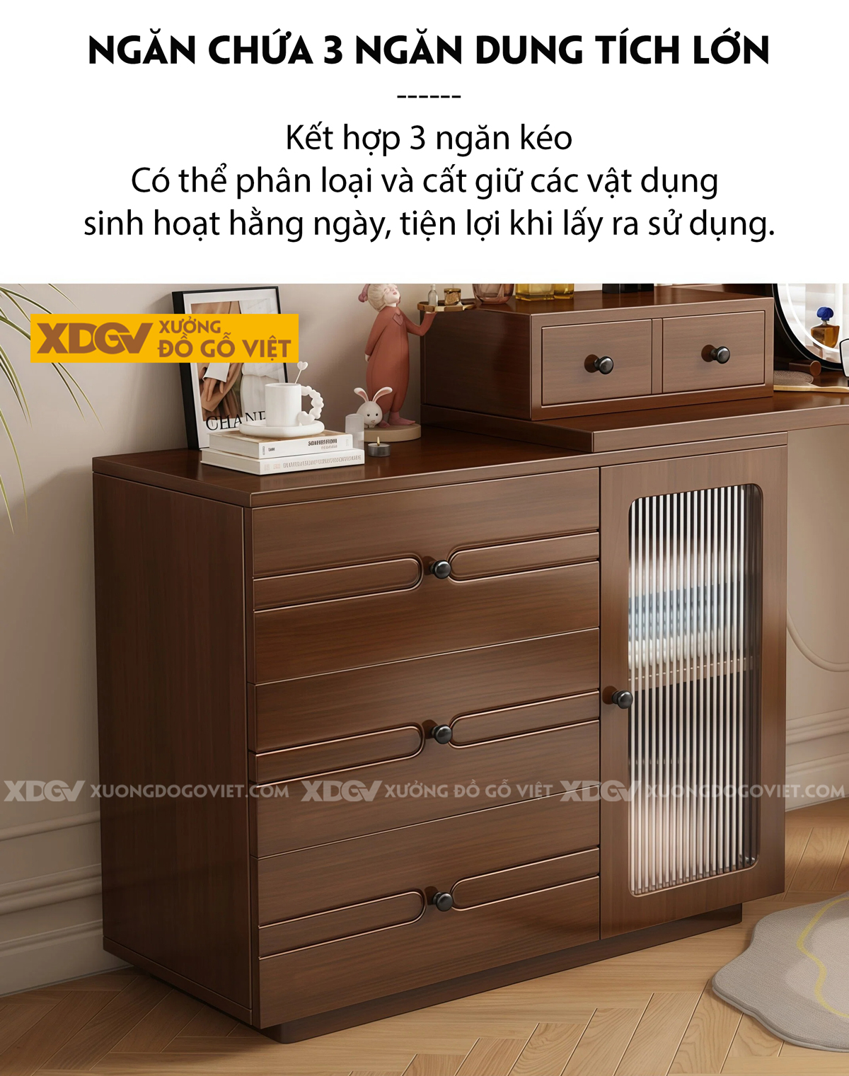 Mẫu Bàn Trang Điểm Phòng Ngủ Gỗ Veneer Sồi Phối Tủ Kính Sọc