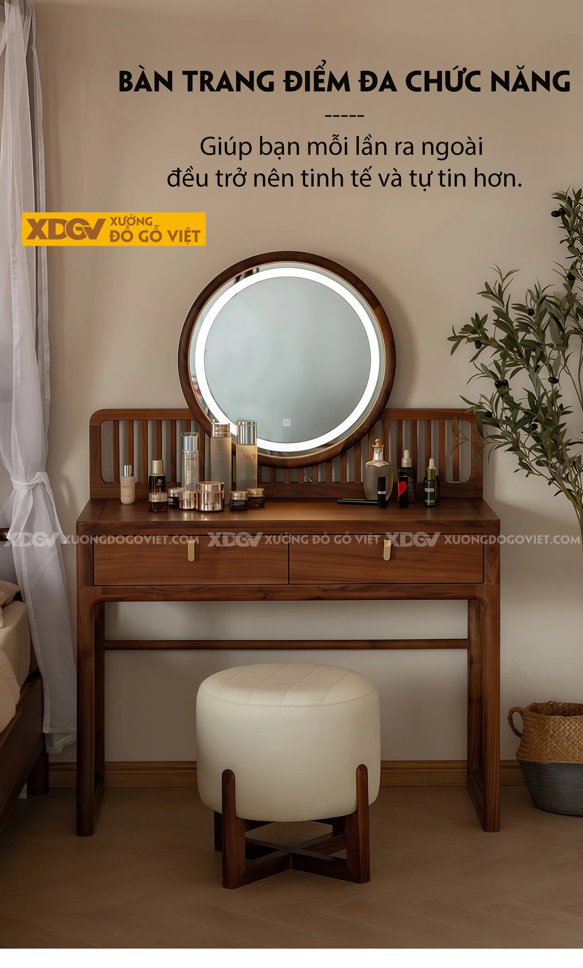 Mẫu Bàn Trang Điểm Phòng Ngủ Gỗ Veneer Sồi Phối Tủ Kính Sọc