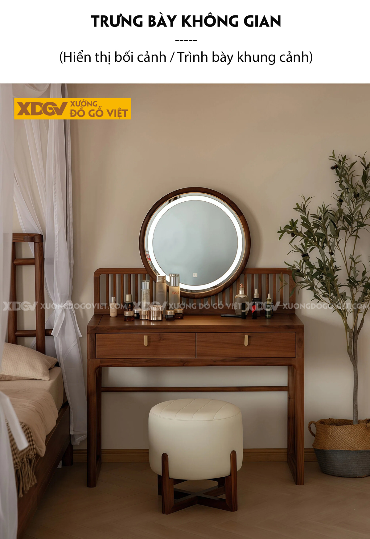 Mẫu Bàn Trang Điểm Phòng Ngủ Gỗ Veneer Sồi Phối Tủ Kính Sọc