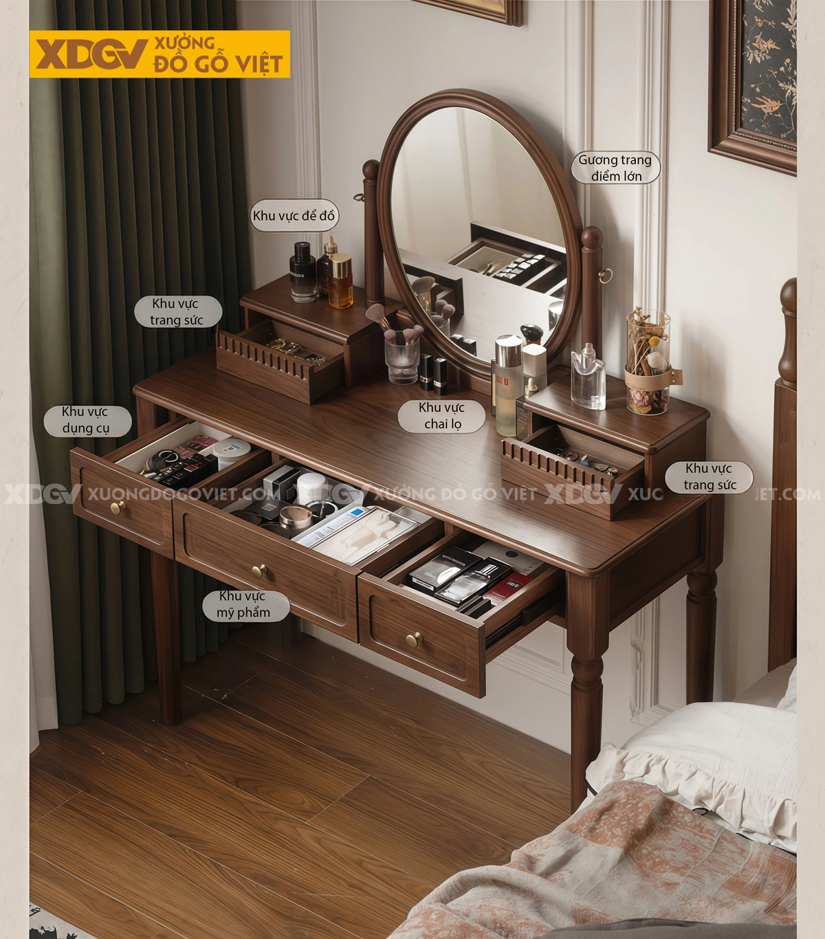 Mẫu Bàn Trang Điểm Tân Cổ Điển Phòng Ngủ Gỗ Sồi Gương Oval