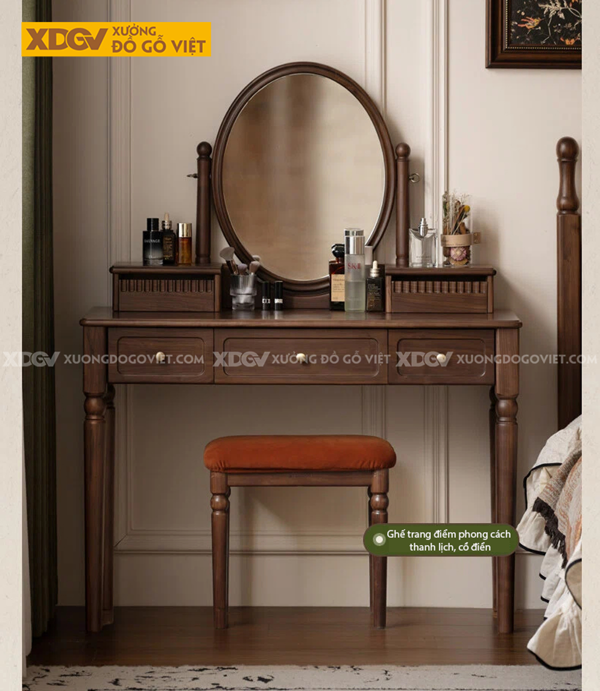 Mẫu Bàn Trang Điểm Tân Cổ Điển Phòng Ngủ Gỗ Sồi Gương Oval
