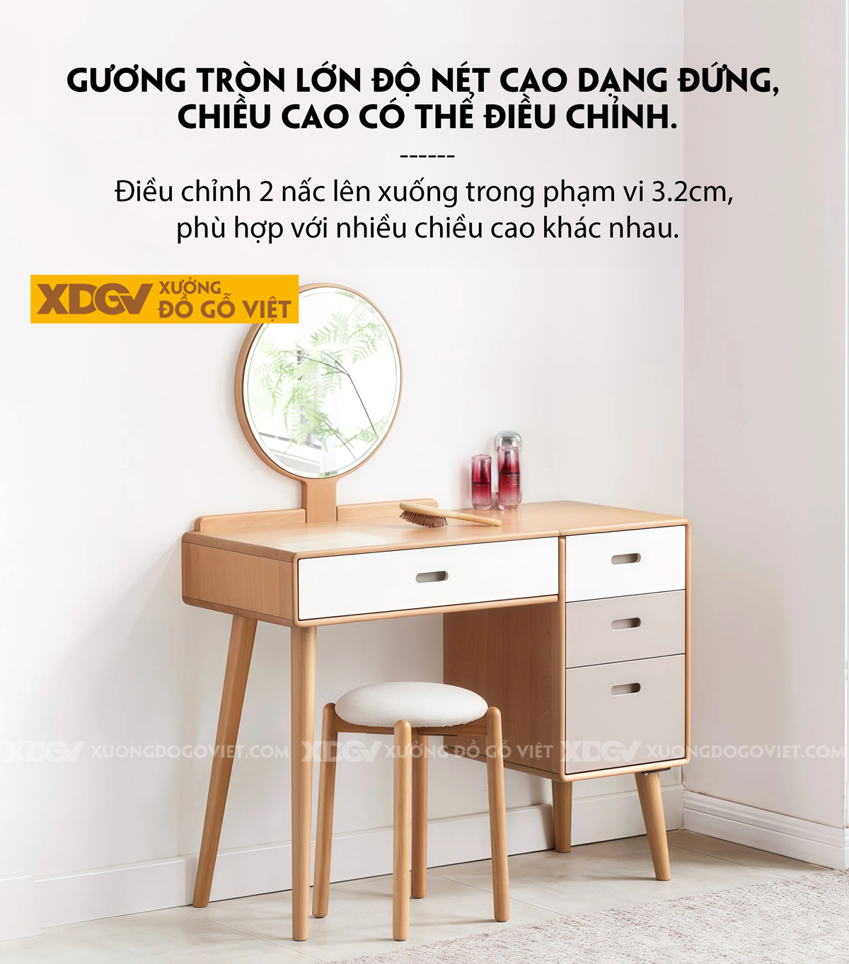 Mẫu Bàn Trang Điểm Thông Minh Gỗ Sồi Chân Chữ H Kết Hợp Tủ