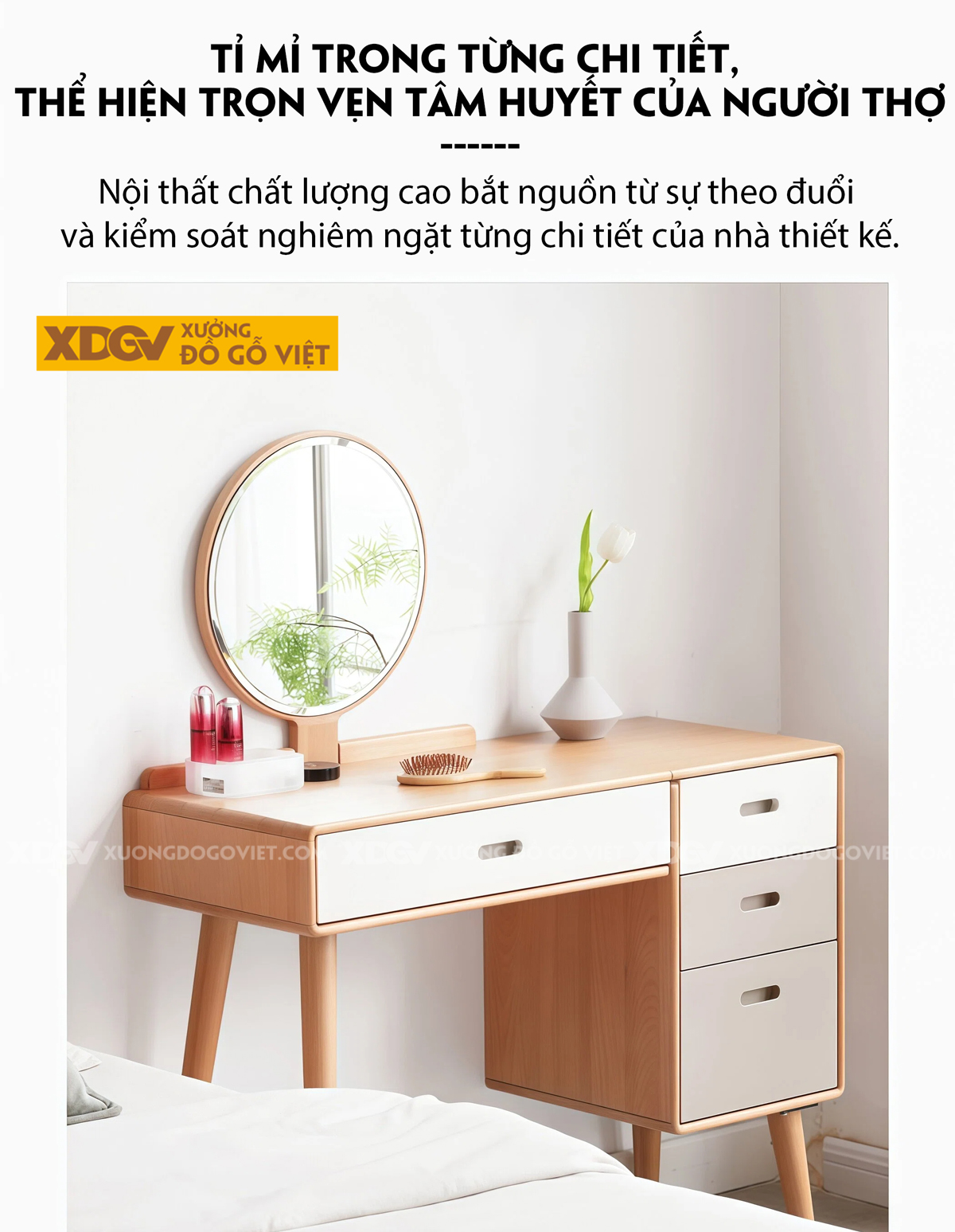 Mẫu Bàn Trang Điểm Thông Minh Gỗ Sồi Chân Chữ H Kết Hợp Tủ