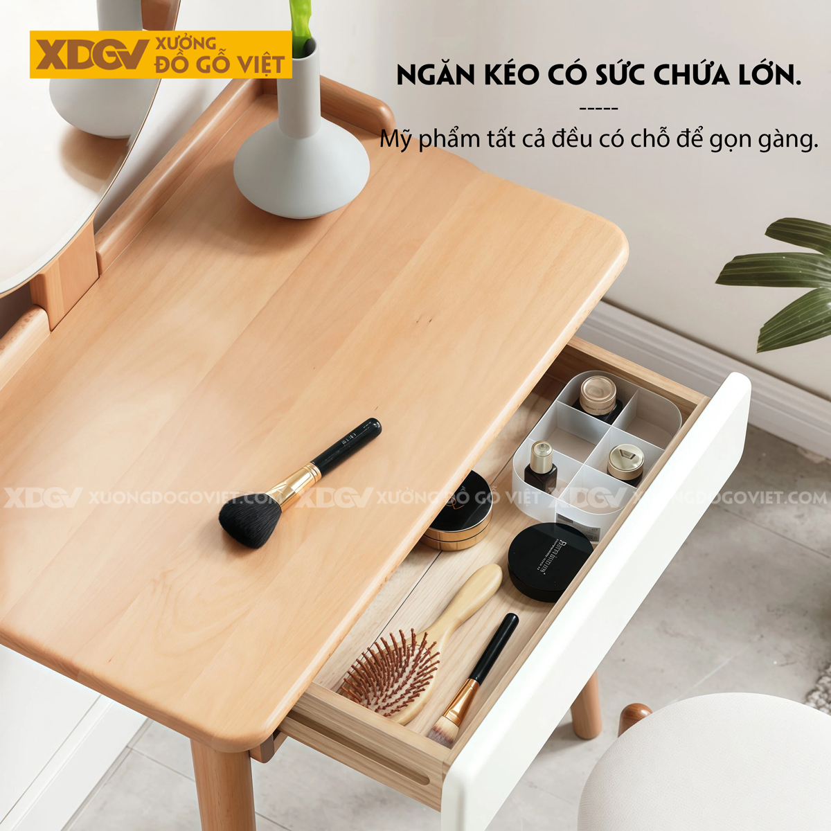 Mẫu Bàn Trang Điểm Thông Minh Gỗ Sồi Chân Chữ H Kết Hợp Tủ