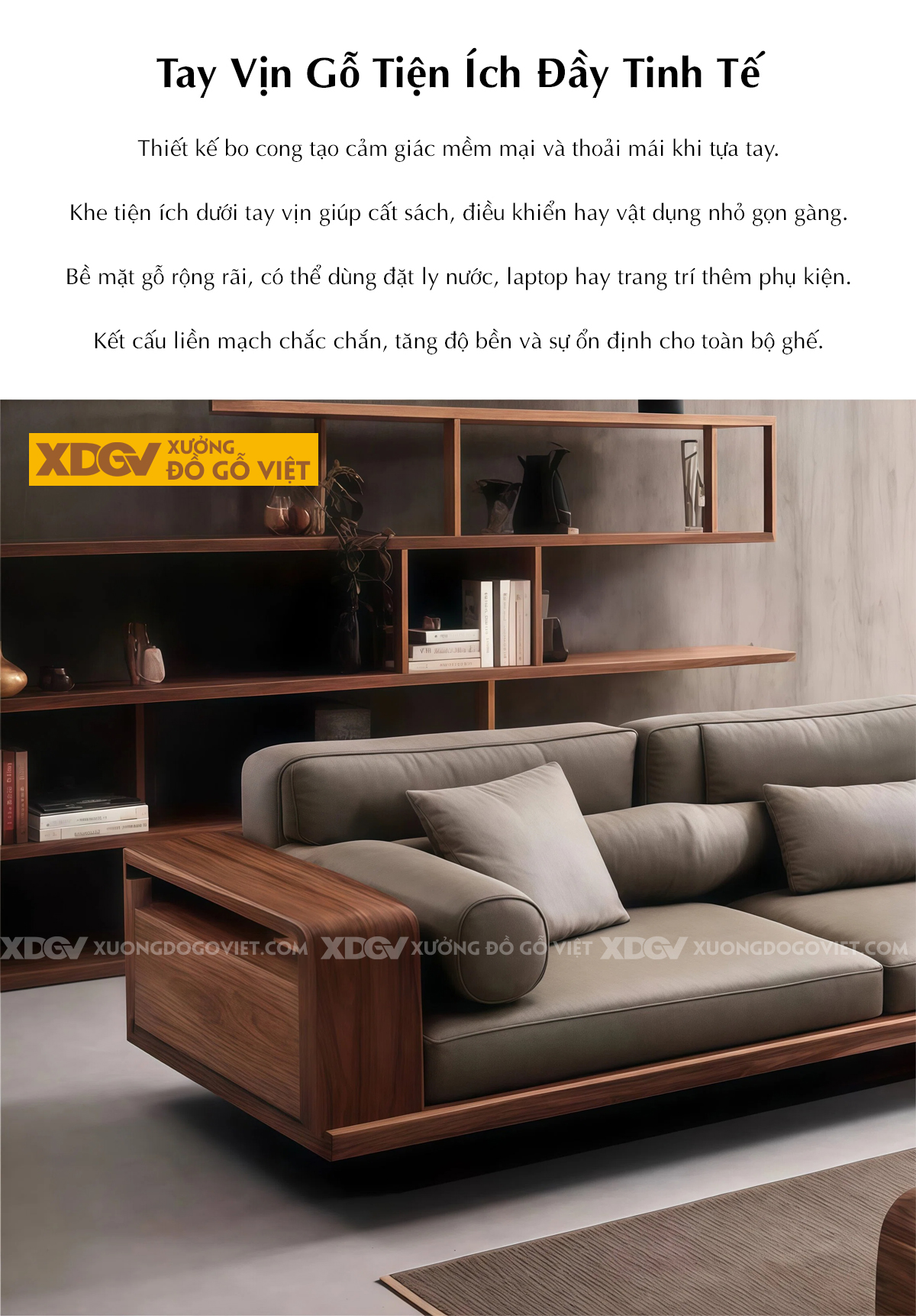 Mẫu Bộ Sofa Gỗ Óc Chó Tay Hộp Vuông Cuộn Tích Hợp Kệ Độc Đáo