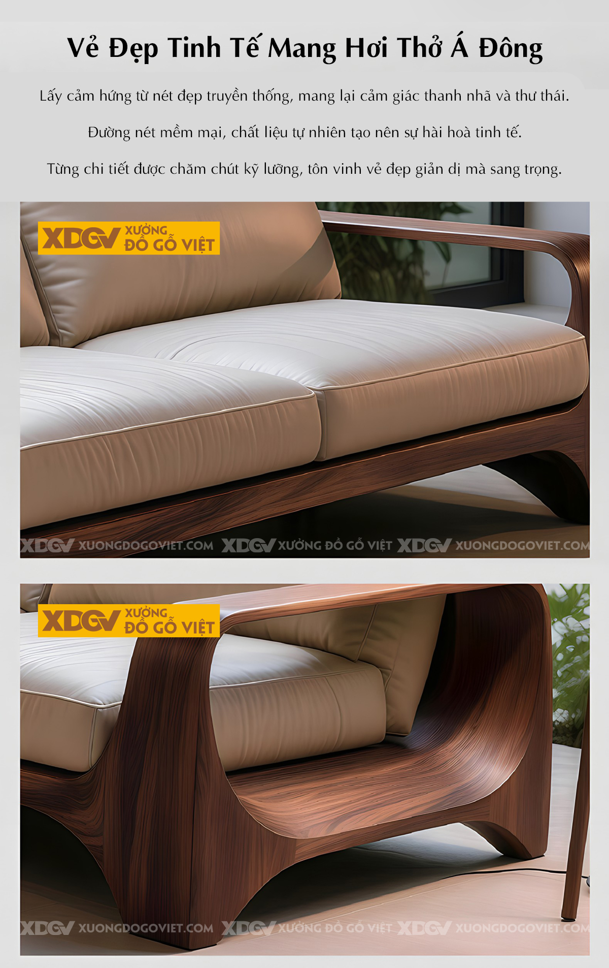 Mẫu Ghế Sofa Sồi Khung Gỗ Bo Tròn Chân Vòm Tay Chữ C