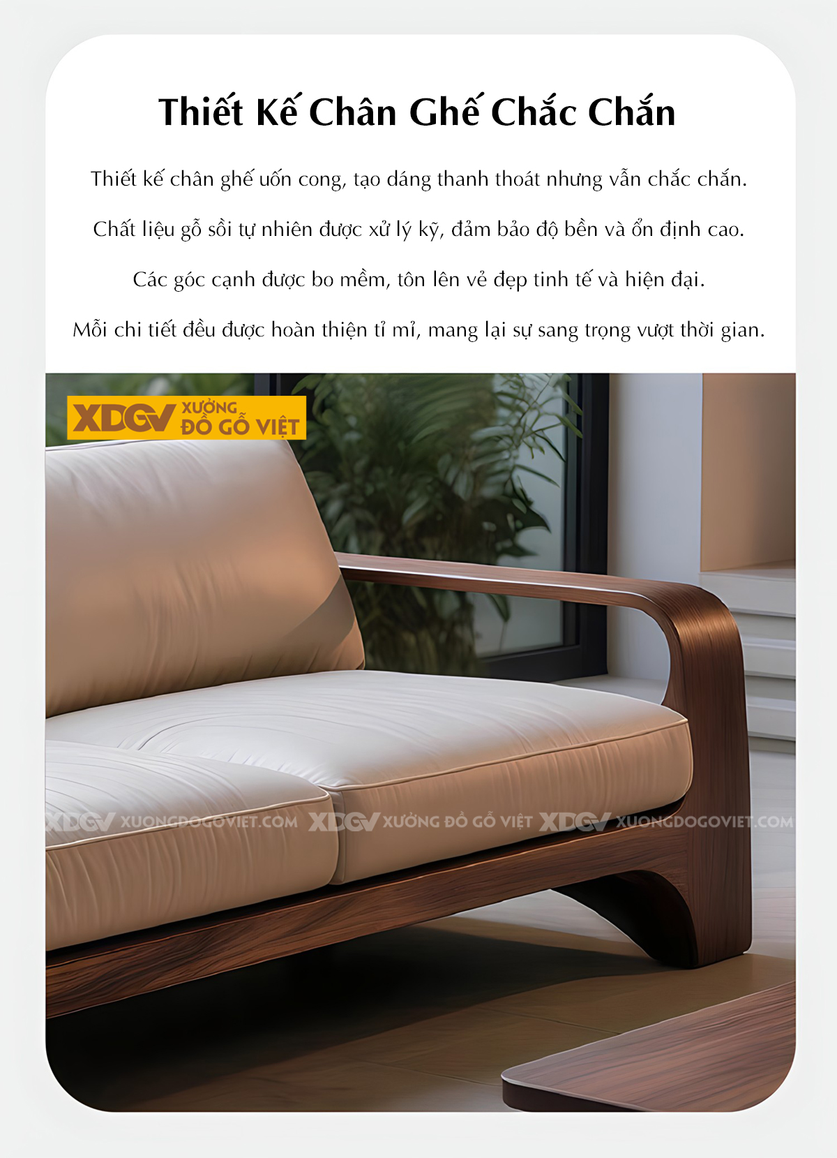 Mẫu Ghế Sofa Sồi Khung Gỗ Bo Tròn Chân Vòm Tay Chữ C