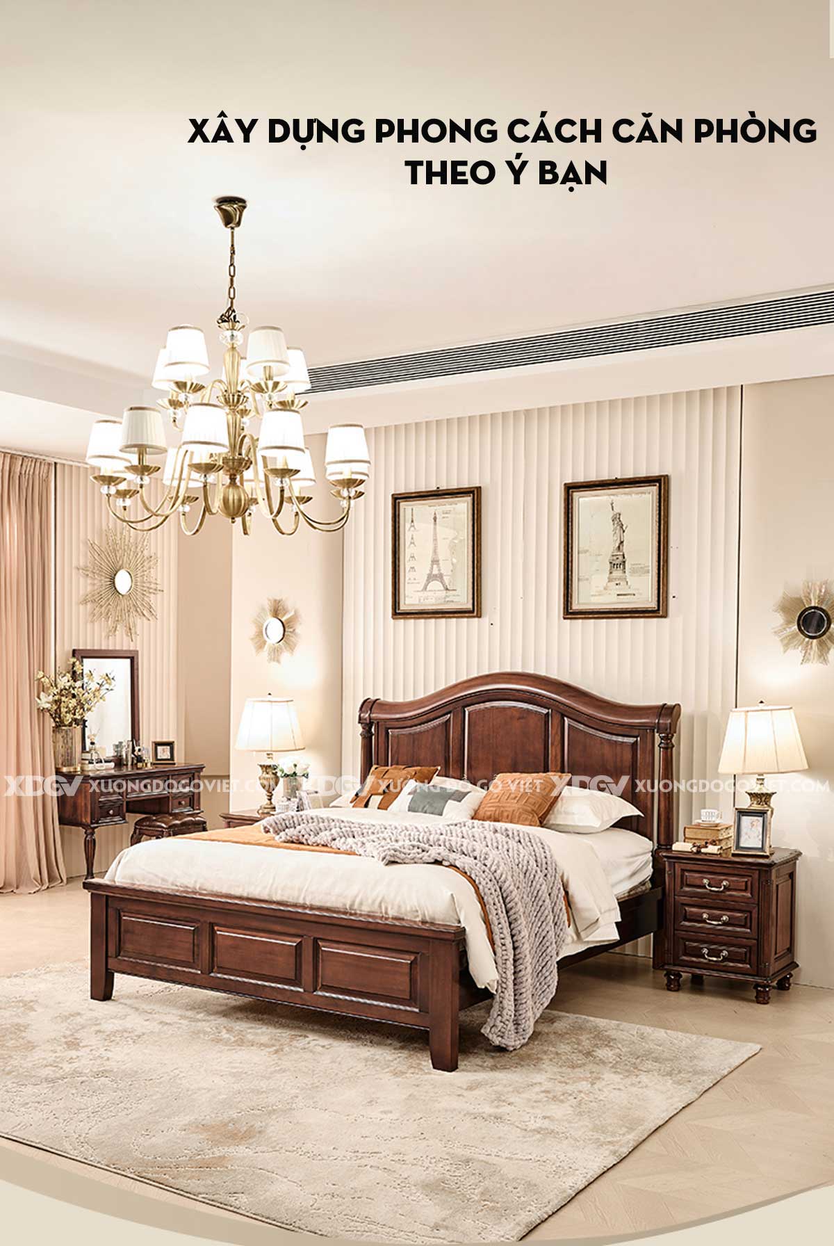 Mẫu Giường Gỗ Căm Xe Tân Cổ Điển Đầu Uốn Cong Nghệ Thuật