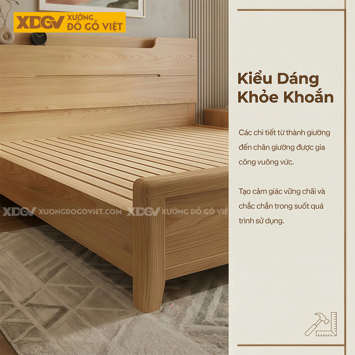 Mẫu Giường Ngủ Hiện Đại Gỗ Sồi Mỹ Chân Cao Kèm Kệ Đầu Giường