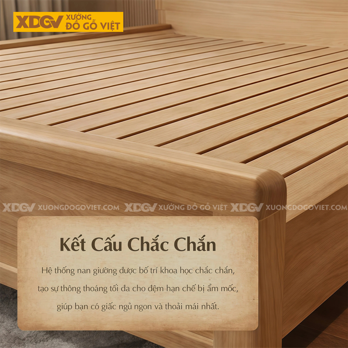 Mẫu Giường Ngủ Hiện Đại Gỗ Sồi Mỹ Chân Cao Kèm Kệ Đầu Giường