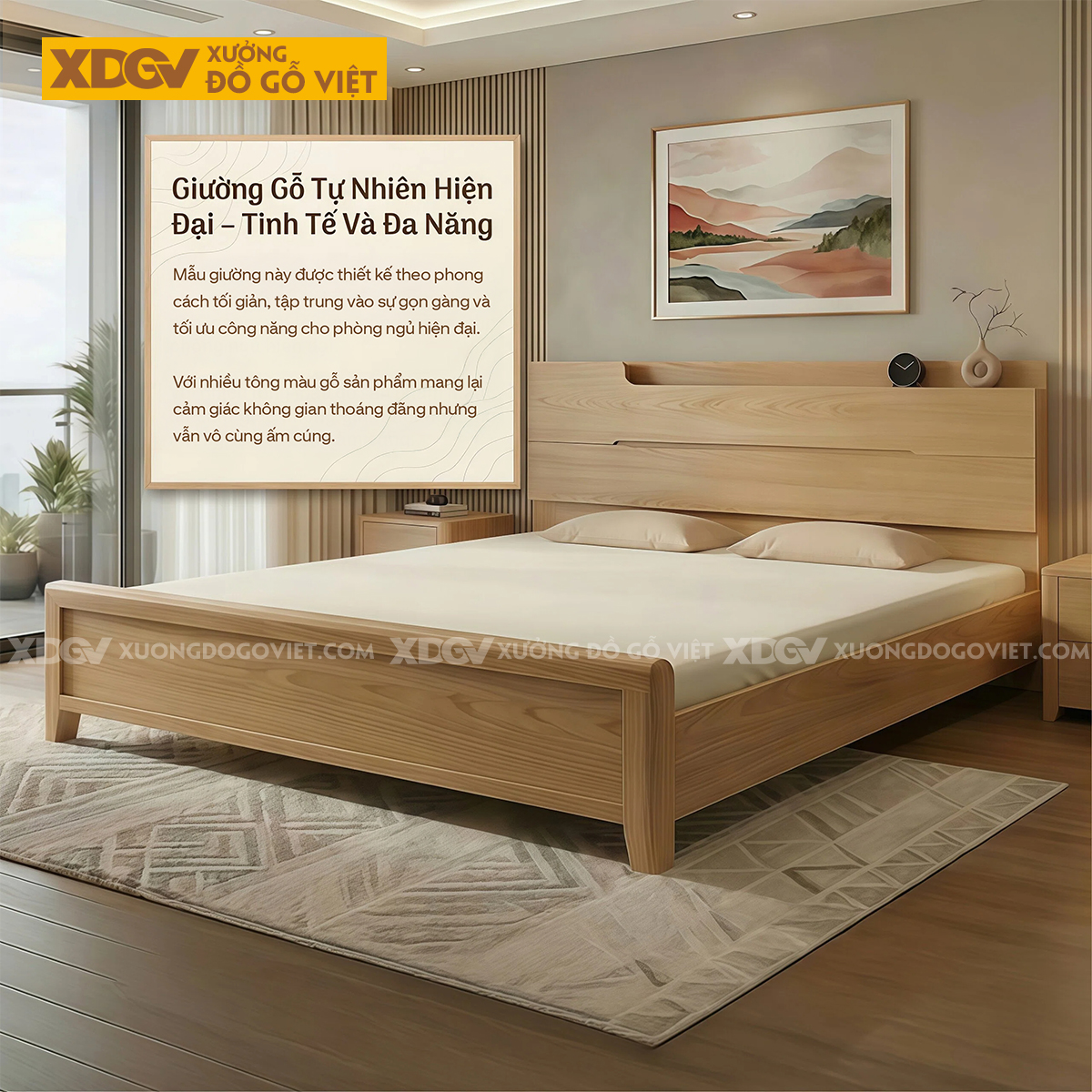 Mẫu Giường Ngủ Hiện Đại Gỗ Sồi Mỹ Chân Cao Kèm Kệ Đầu Giường