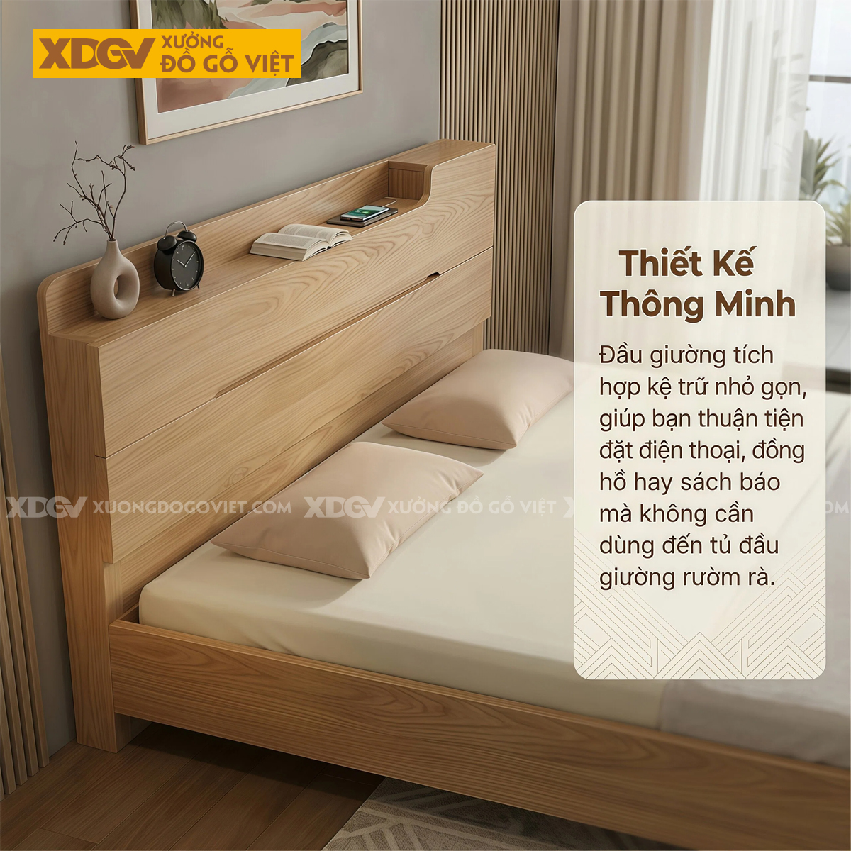 Mẫu Giường Ngủ Hiện Đại Gỗ Sồi Mỹ Chân Cao Kèm Kệ Đầu Giường