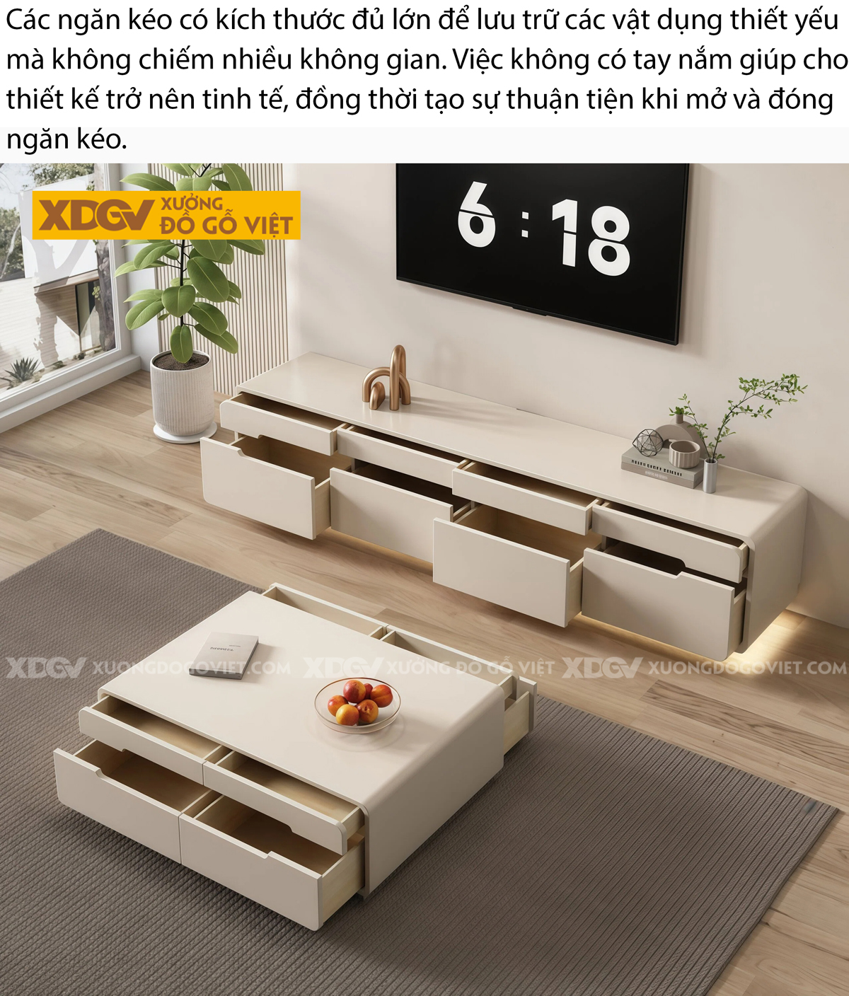 Mẫu Kệ Để Tivi Gỗ Cao Su Thiết Kế Phân Tầng Cơ Chế Đẩy Trượt