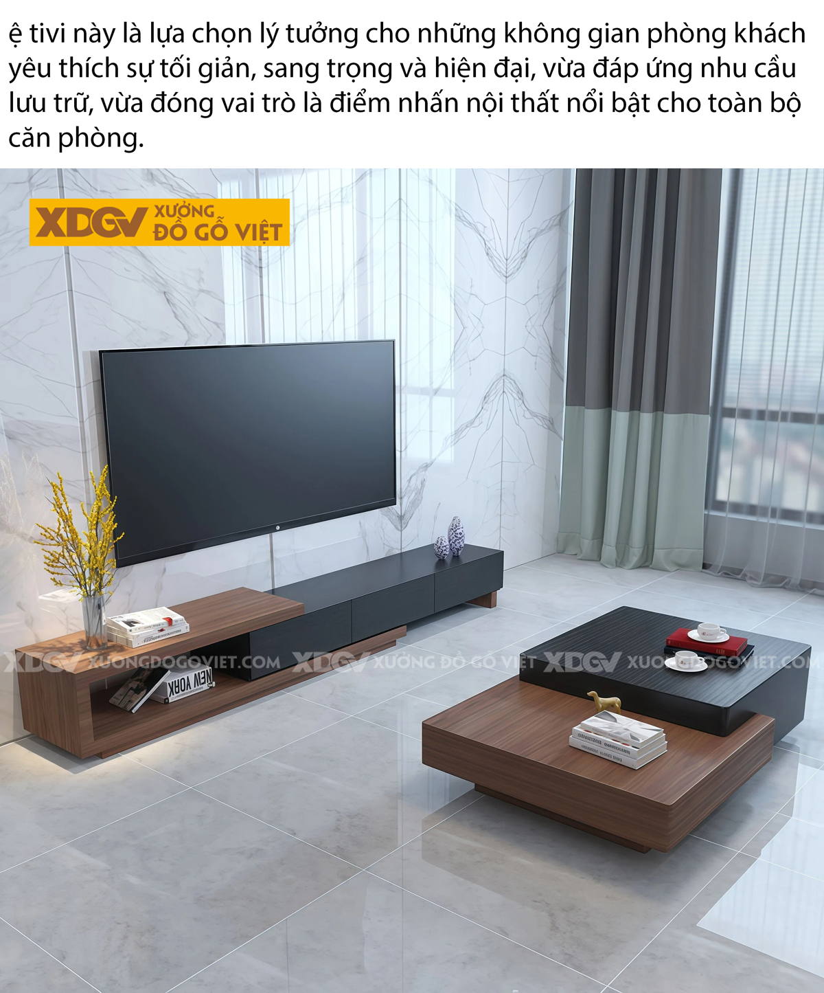 Mẫu Kệ Để Tivi Gỗ MDF Dáng Dài Gia Công Góc Bo Tinh Xảo