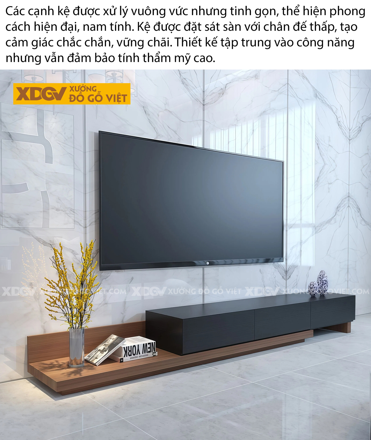 Mẫu Kệ Để Tivi Gỗ MDF Dáng Dài Gia Công Góc Bo Tinh Xảo