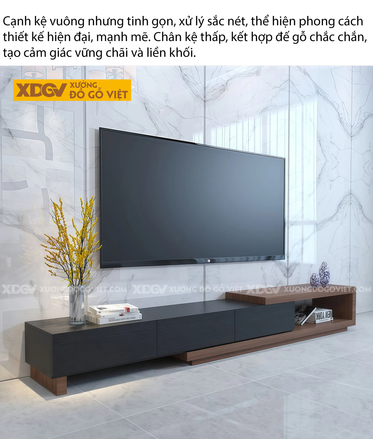 Mẫu Kệ Để Tivi Gỗ MDF Dáng Dài Gia Công Góc Bo Tinh Xảo