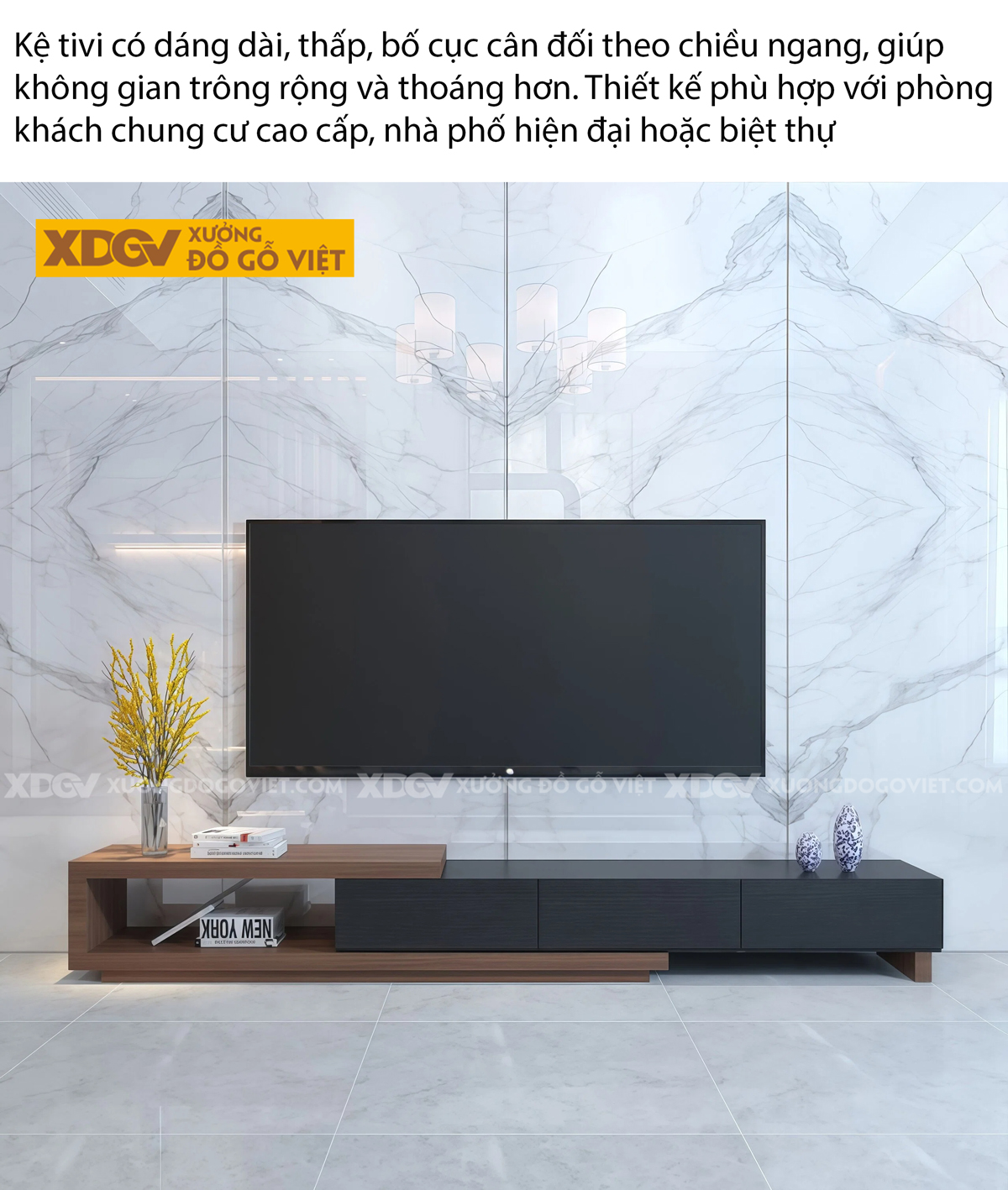 Mẫu Kệ Để Tivi Gỗ MDF Dáng Dài Gia Công Góc Bo Tinh Xảo