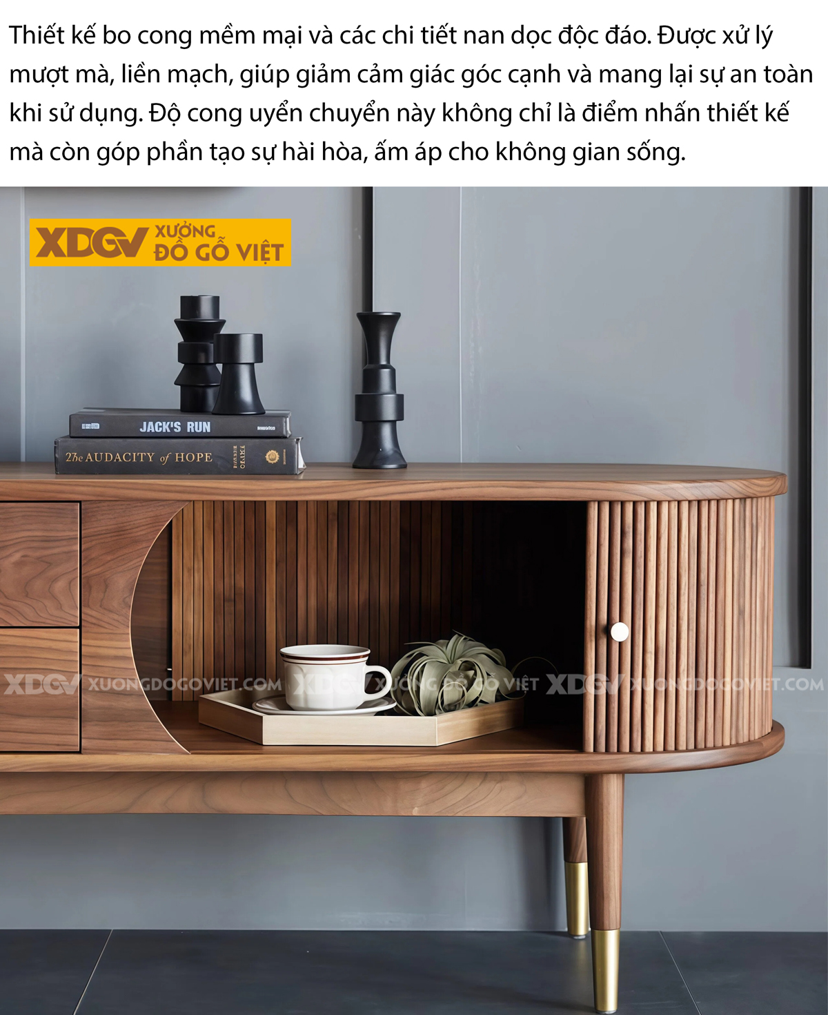 Mẫu Kệ Để Tivi Gỗ Óc Chó Bo Cong Chân Cao Phối Nan Trang Nhã