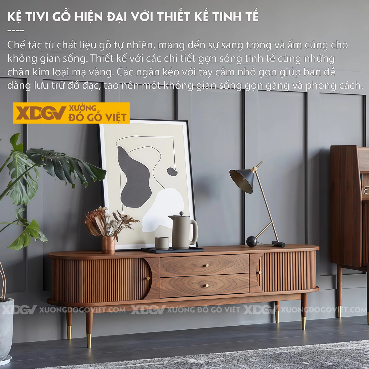 Mẫu Kệ Để Tivi Gỗ Óc Chó Bo Cong Chân Cao Phối Nan Trang Nhã