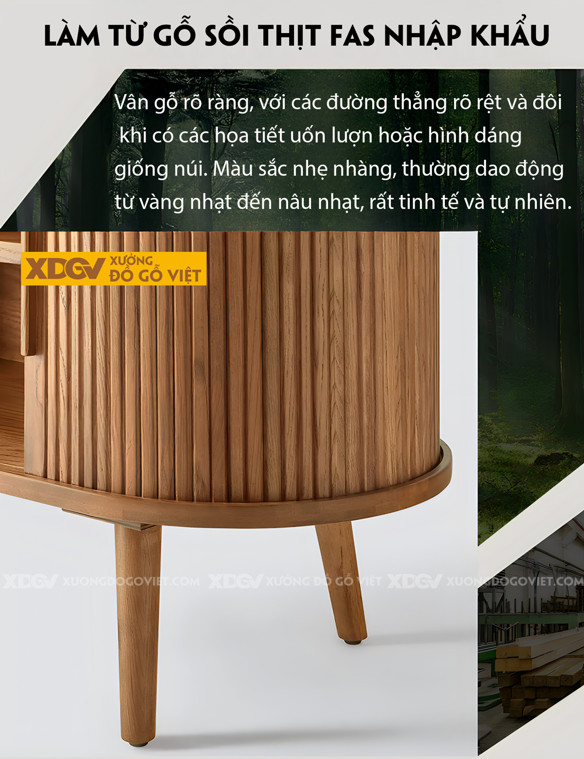 Mẫu Kệ Để Tivi Gỗ Sồi Tự Nhiên Hình Oval Nan Dọc Cổ Điển