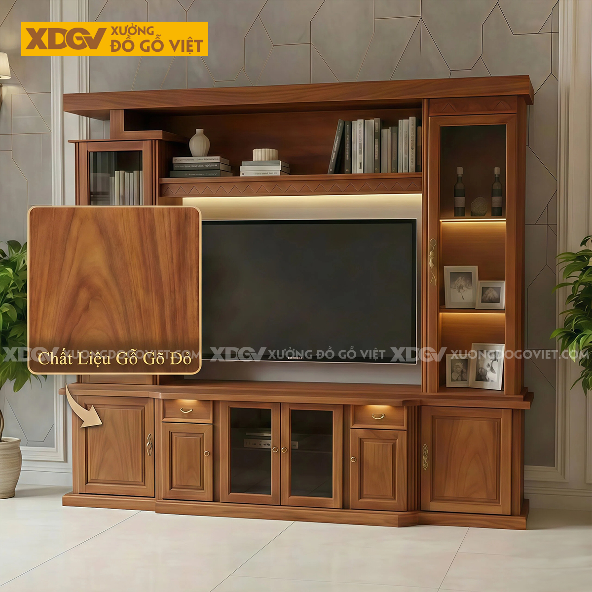 Mẫu Kệ Để Tivi Kết Hợp Tủ Gỗ Gõ Đỏ Hoa Văn Zic Zắc Cánh Kính