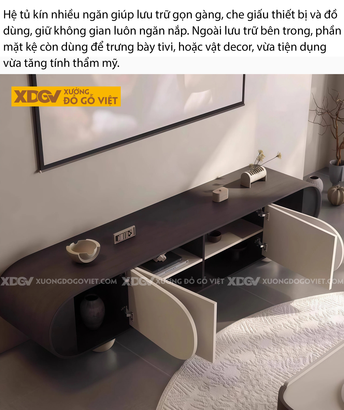 Mẫu Kệ Để Tivi Phòng Khách Gỗ Cao Su Hiện Đại Dáng Thấp Dài