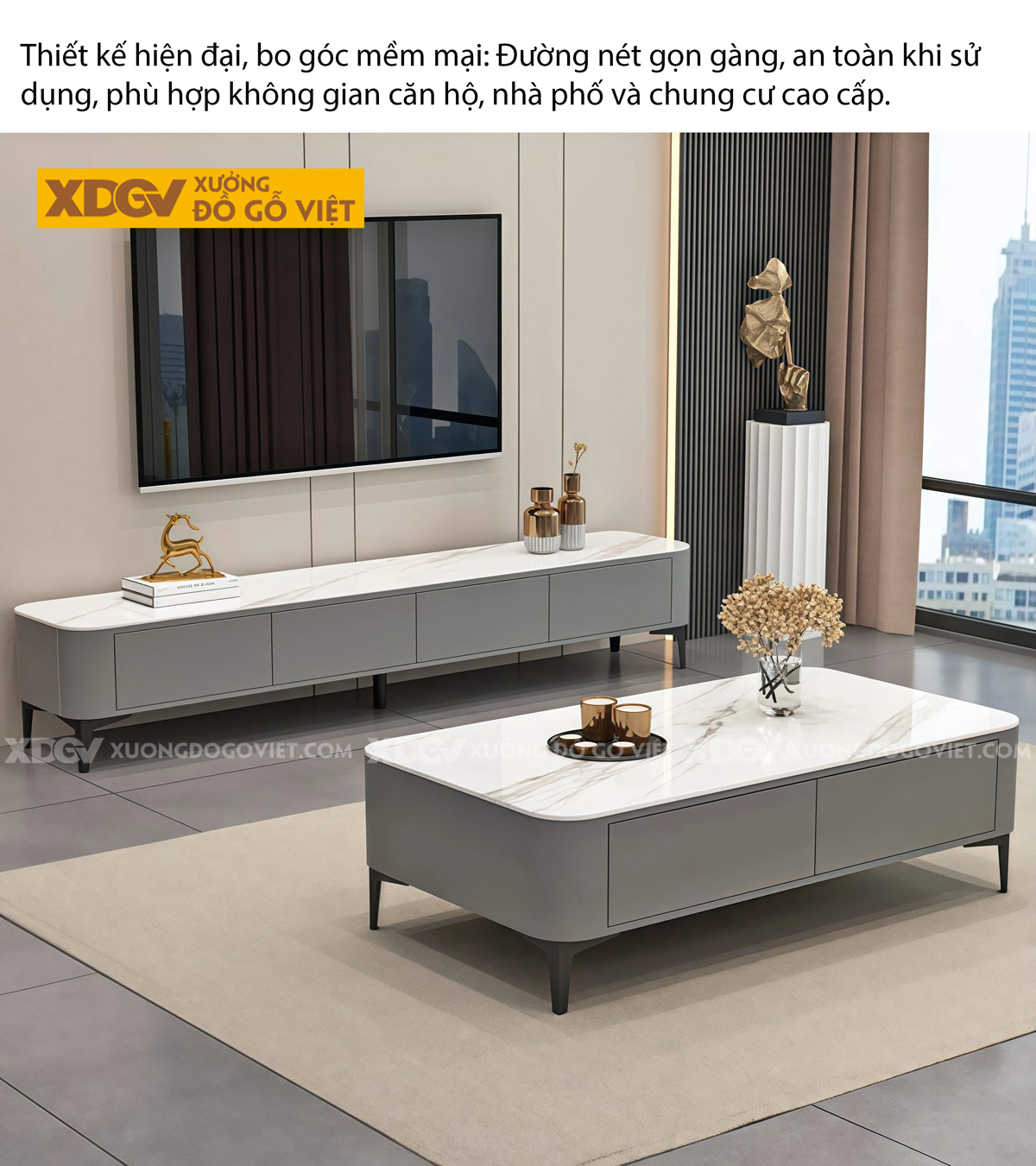 Mẫu Kệ Để Tivi Phòng Khách Gỗ Công Nghiệp Mặt Đá Chân Cao