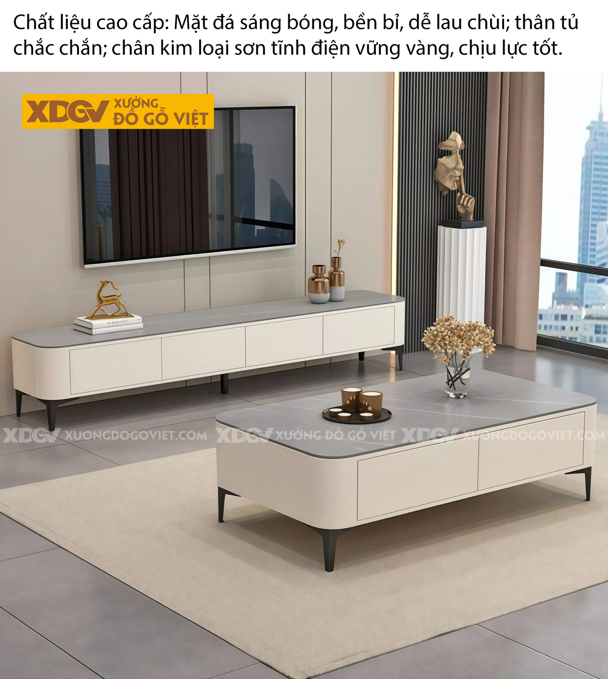 Mẫu Kệ Để Tivi Phòng Khách Gỗ Công Nghiệp Mặt Đá Chân Cao